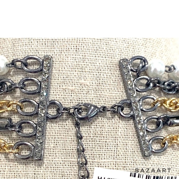 Mix Metal Layered Chain Necklace Faux Pearl Accents –Gold & Gunmetal. - Picture 2 of 4